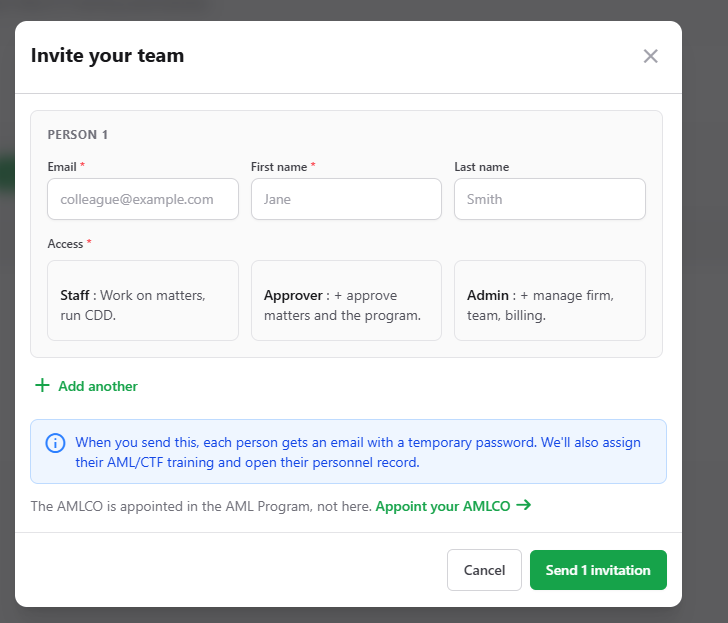 The Invite your team dialog.