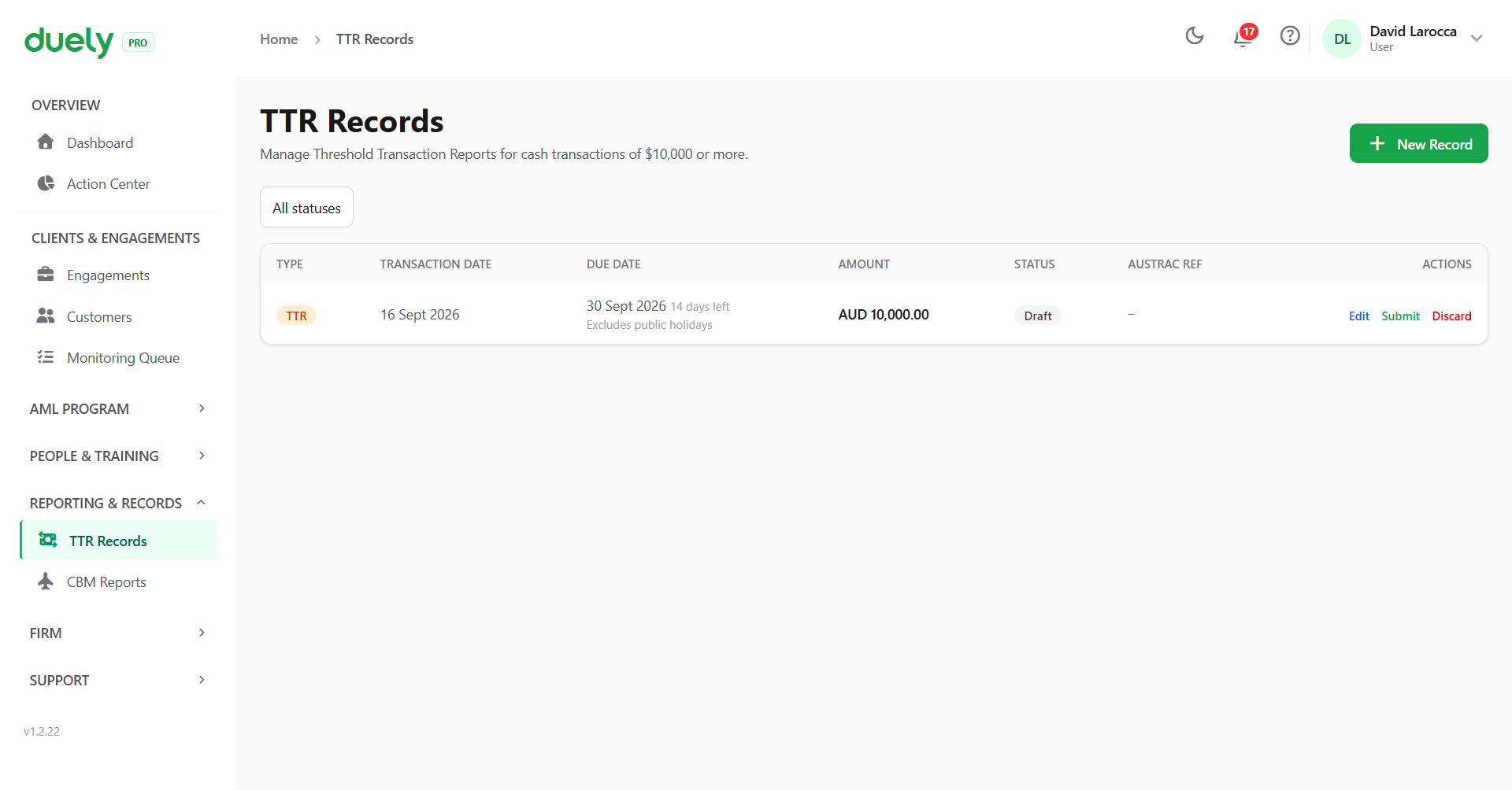 The report records register, showing draft records and their tracked deadlines.