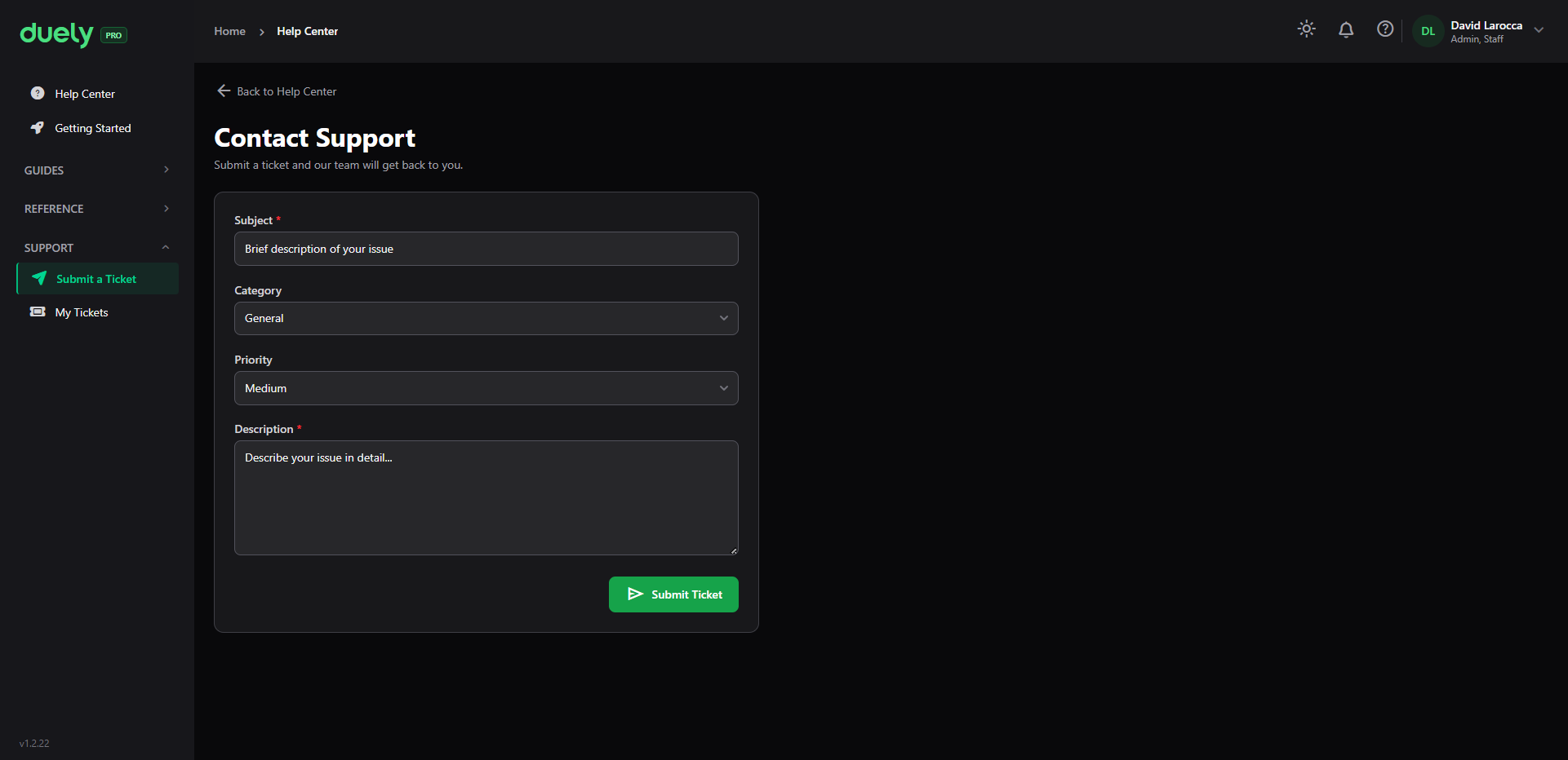 The Contact Support form.