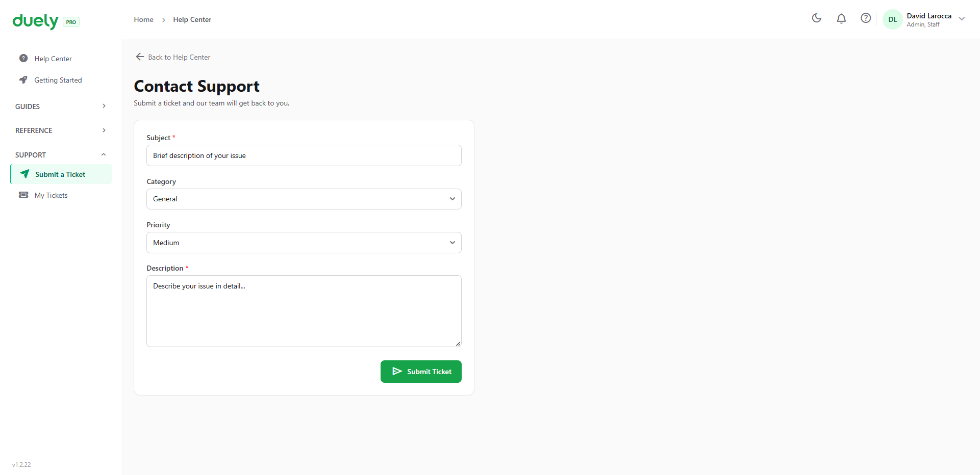 The Contact Support form.
